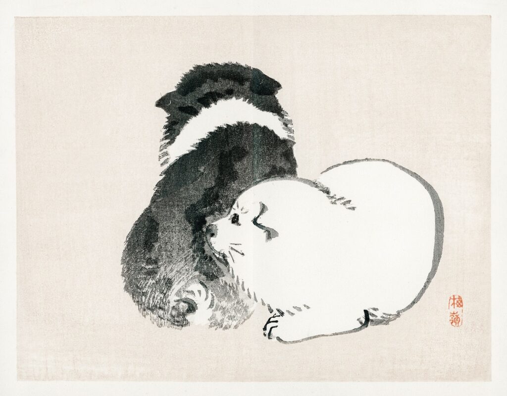 Black and white puppies by Kōno Bairei (1844-1895). Digitally enhanced from our own original 1913 edition of Barei Gakan.
